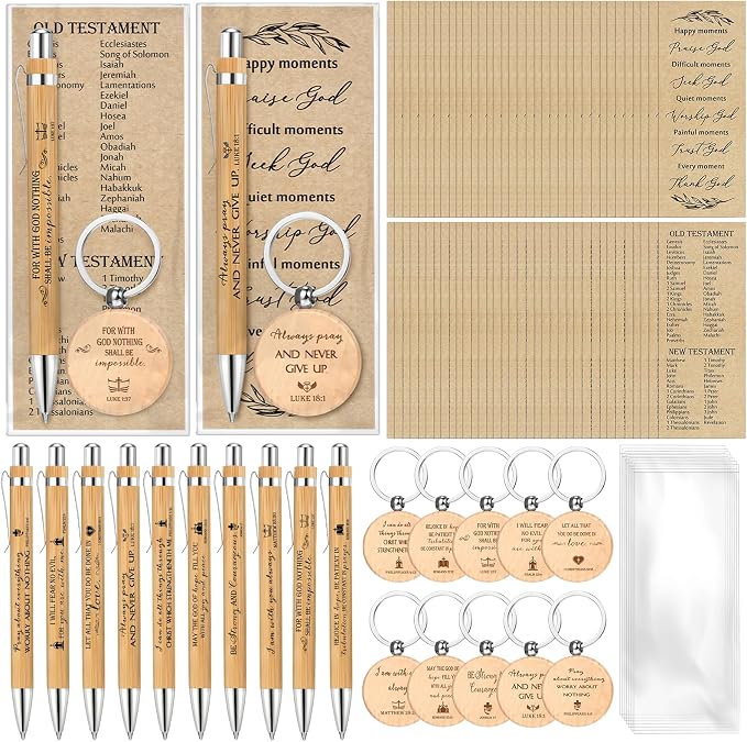 Lincia 10 Sets Christian Father's Day Birthday Gifts Bulk, Bible Verse Bookmarks Keychains with Bamboo Pens Religious Church Gifts Bulk for Men Ministry Bible Study Pastor Appreciation Church Events
