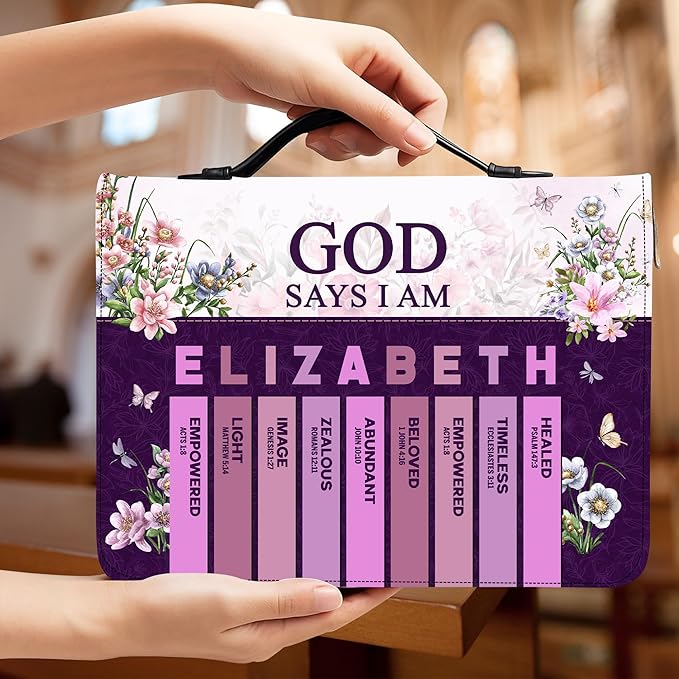 Personalized Man of God Bible Cover, God Says I Am Bible Case PU Leather, Bible Holder Handle Zipper, Faith Scripture with Name Case Bag, Religious Gifts for Church Christians Women Men (GOD-07)