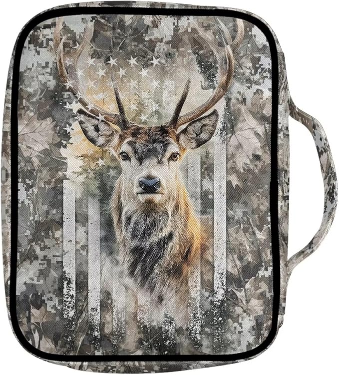 Suobstales Deer Hunting Camo Print Bible Covers for Women Men American Flag Design Lightweight Bible Bag Bible Accessories with Handle and Zippered Pocket Bible Tote Bag for Kids