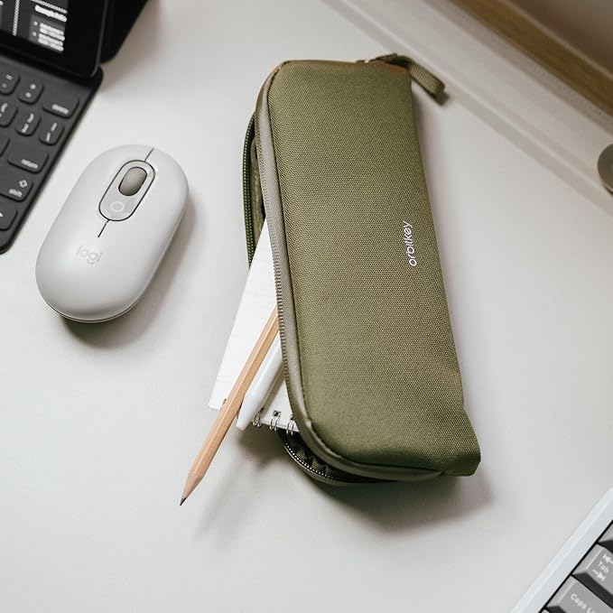 Orbitkey Olive Expandable Desk Storage Pouch – Fold-Down Access Panel, Pen Loop, Recycled Water-Resistant Material – Self-Standing Organizer for Office, Travel, Tech Gear