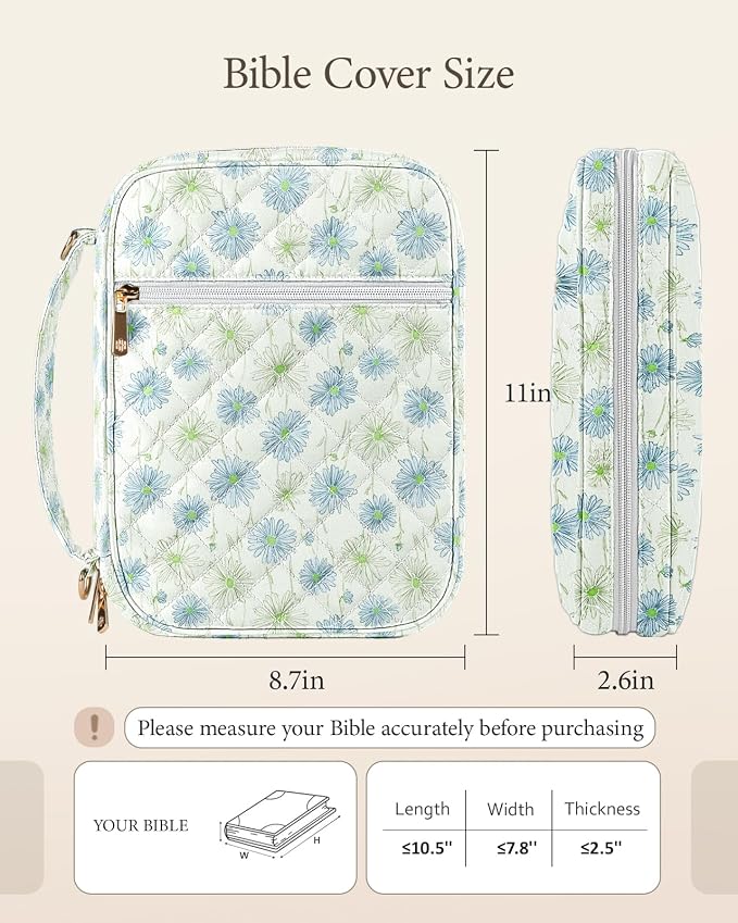 BellaHold Bible Cover Case for Women, Large Bible Bag with Detachable Strap & Bible Study Supplies, 12 Highlighters, 6 Colored Gel Pens & 75 Bible Tabs, Christian Gifts for Women (Light Blue Daisy)