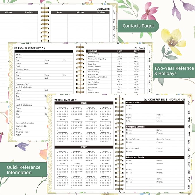 2026 Monthly Planner, Jan.2026 - Dec.2026 Weekly Monthly Planner 6.25"x8.5" with Page Tabs, Calendar Hardcover with Inner Pocket, Elastic Band, Twin-Wire Binding, Bookmark, Colored Flower