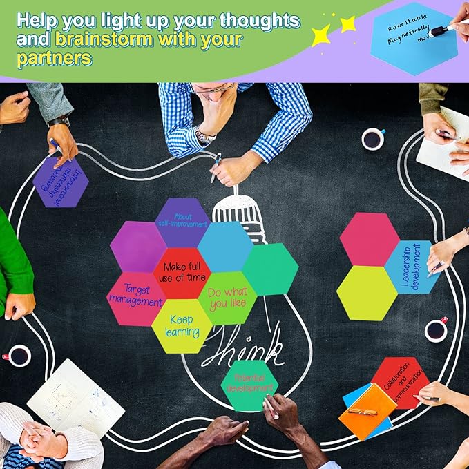 Gueevin 12 Pcs Hexagon Shape Magnetic Dry Erase Board Set 8 Hexagon Small Erase Board Magnet with 4 Dry Marker for Teachers Students, School Classroom Activity Planning, Rainbow Colors