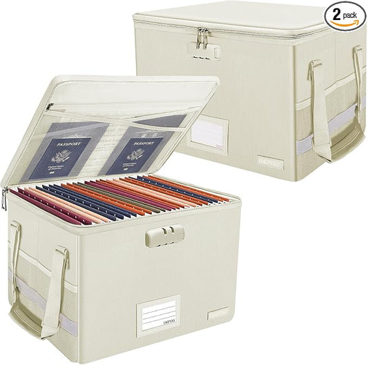 ENGPOW File Box with Lock,Fireproof Document Box with Zipper Lid,Collapsible File Storage Organizer Filing Cabinet with Handles,Portable Home Office Safe for Hanging Letter/Legal Folders,Beige,2 Pack