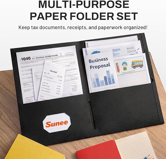 SUNEE Folders with Pockets(125 Pack, Black), 2 Pocket Folders Fit Letter Size Paper, Paper File Folder for School Office Home Business