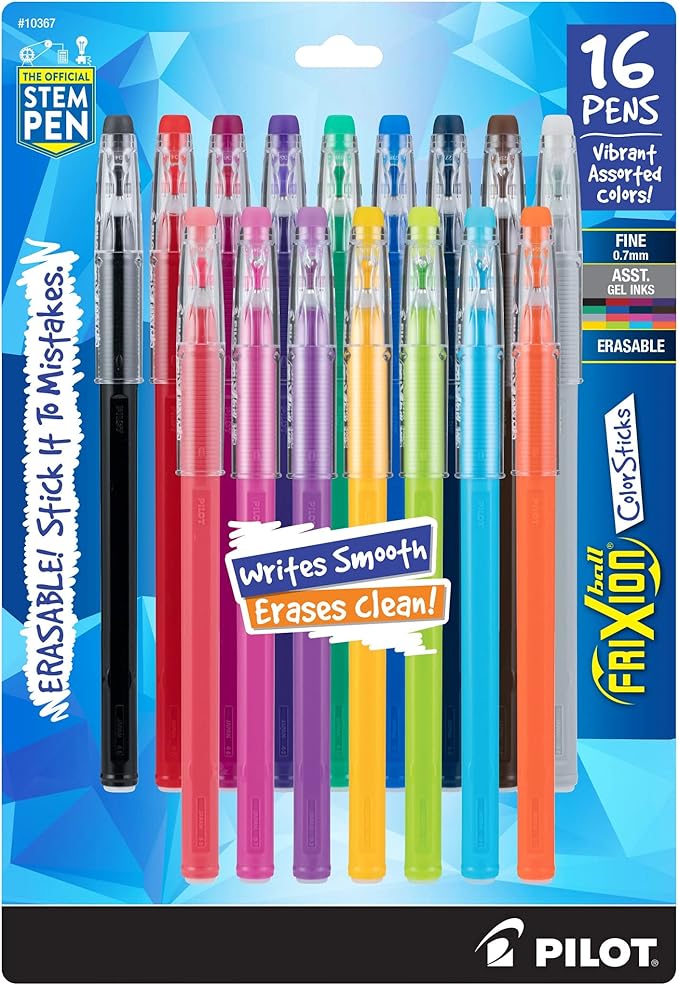 PILOT FriXion ColorSticks Erasable Gel Ink Pens,Fine Point 0.7 mm,Assorted Colors,Erasable Pens - Ideal for School,Journaling,& Office Writing,16 Count (Pack of 12)