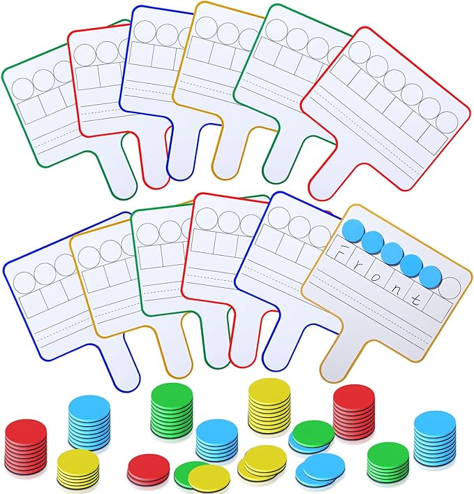 Seajan 12 Pcs Magnetic Paddle Set Education Dry Erase Double Side Handheld Answer Board with Magnetic Counters Discs Phonemic Awareness Phonics Games Toy for Students Kids Teaching (Multicolor)
