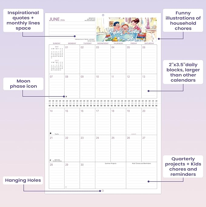2026 Moms Calendar - Mom's Family Organizer & Calendar 2026, 14.6''x 23'', Jan 2026 to Dec 2026 Hanging Wall Calendar, Larger Grid, Back Pocket, Stickers