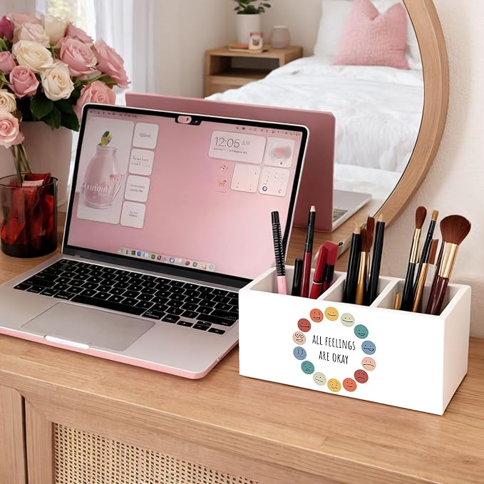 Emotions Desk Organizer, Wooden Pen Holder with Colorful Faces Design, Cute Pencil Storage, Office and School Desk Supplies