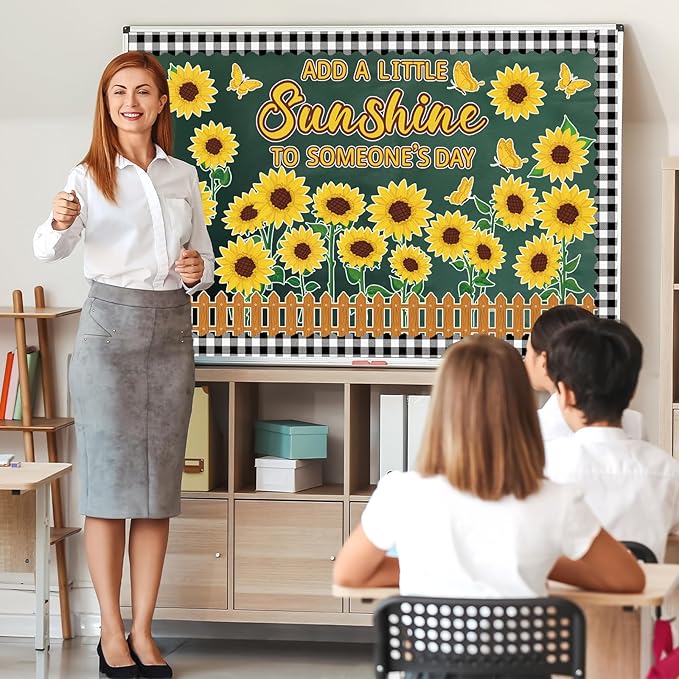 Sunflower Bulletin Board Decoration Spring Summer Cutout Set with Butterflies Fences Bulletin Cardboard Motivational Sayings Cutouts for Classroom Window Wall Door Home Office Nursery School Decor