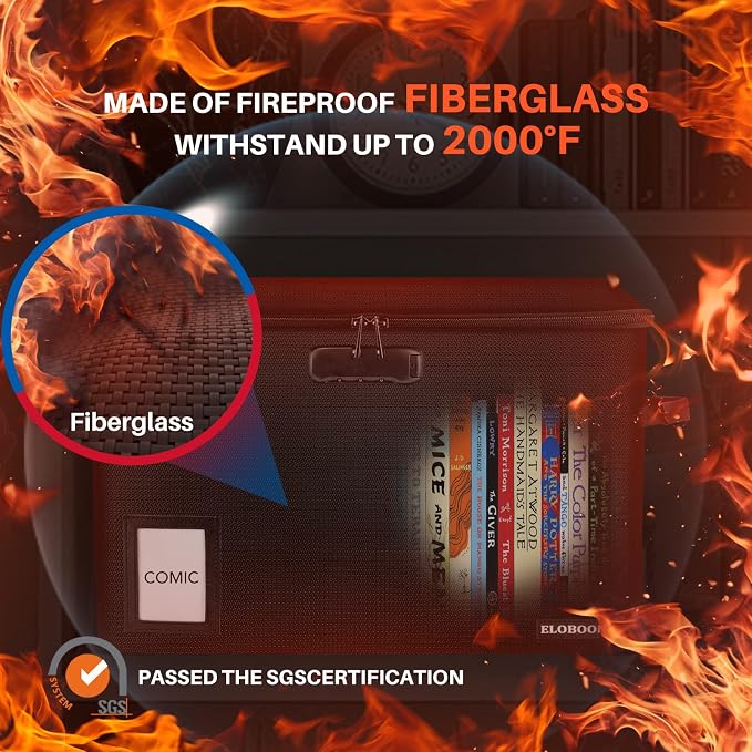 Comic Book Storage Box, Fireproof & Water-Resistant Comic Book Box with Lock and Label Window, Moistureproof Comic Short Box with Fire Zipper Holds 150-175 Comics,Heavy Duty Bin Black