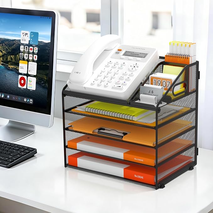 DocNest 5 Tier Metal Mesh Letter Tray - Space Saving Desk File Organizer with Handle, Pen Holder & Folder Holder - Desktop Document Sorter for Office, Home, School, Classroom - Black