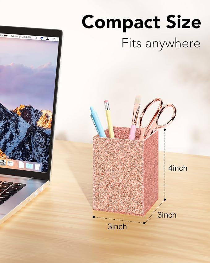Light Pink Glitter Acrylic Pen Holder, Acrylic Makeup Brush Storage Organizer, Pencil Pen Holder for Desk, Modern Desktop Accessories for Office School Home Supplies
