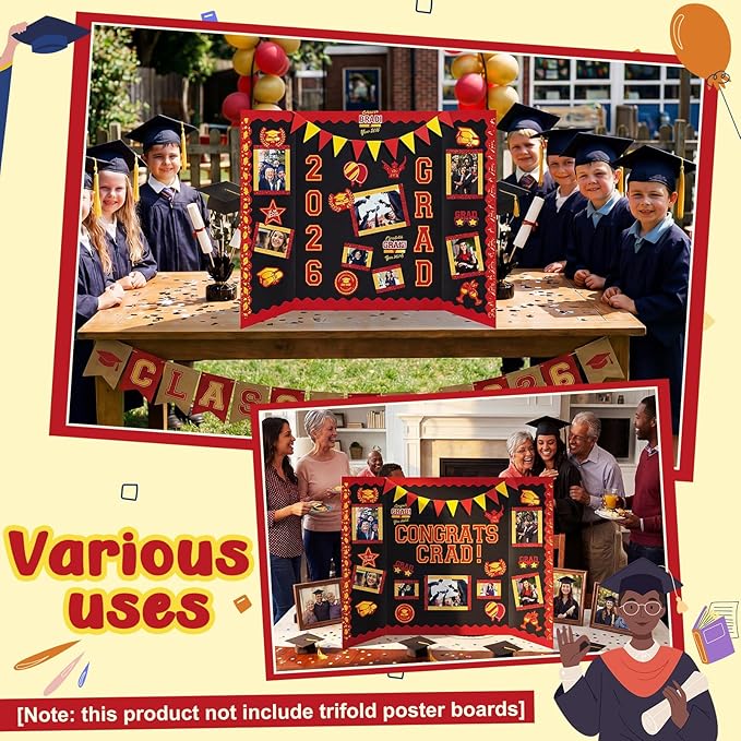 31 Pcs Graduation Photo Poster Board Decor Set Include 28 Sheets Graduation Themed Stickers 2 Rolls Picture Frame Tape 1 PC Banner for 2026 Grad Party College Board Photo Frame Decor (Red)