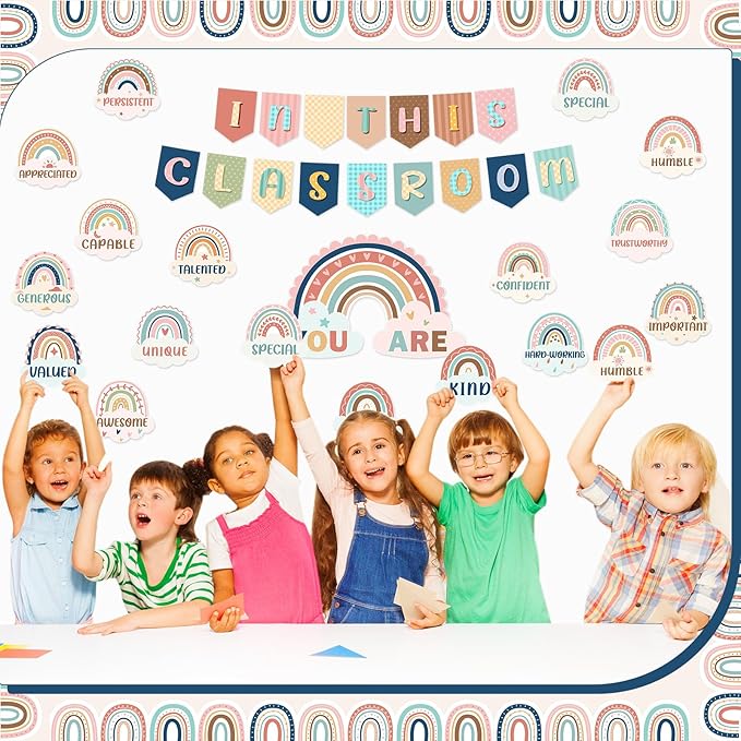 Dispowreath 51 Pcs Boho Inspirational Bulletin Board Set Rainbow Bulletin Board Border Boho Motivational Cutouts for Back to School Chalkboard Wall Classroom Decoration