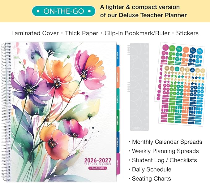 LITE TEACHER PLANNER - Aug 2026-Jul 2027, 8.5" x 11" Daily Weekly Monthly Organizers - Includes 7 Periods, Dated Calendar, Page Tabs, Bookmark, and Planning Stickers (Rainbow Floral)