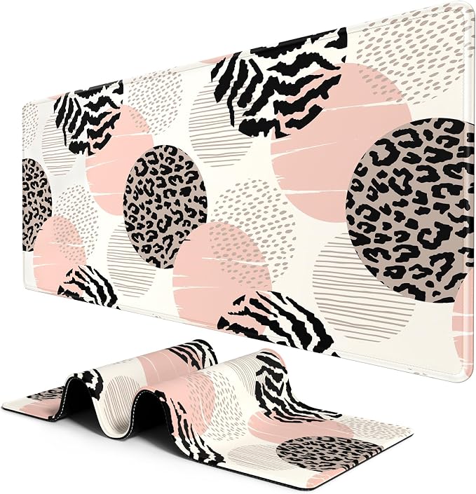 BOSOBO XXL Gaming Desk Mat, Leopard Dots Pink - 31.5 x 11.8 Inches, Full Cover