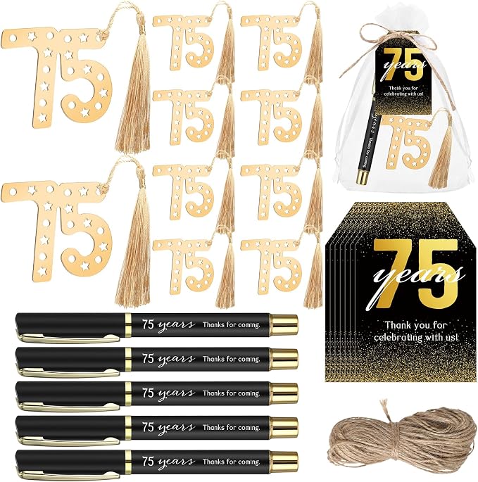 Spakon 25 Set 75th Birthday Party Favor for Guest Anniversary Party Favor Golden Birthday Bookmark Thanks Coming Pen with Tag Appreciation Gifts for Women Men Wedding Anniversary