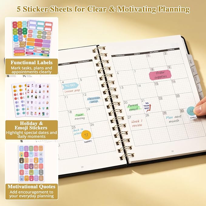 JoyCat Academic Planner 2026-2027, July 2026 - June 2027, A5 Weekly & Monthly Planner, Hardcover Agenda with Tabs, 5 Sticker Sheets, Elastic Closure & Pocket for Teachers & Students, 6.3" x 8.5", Black