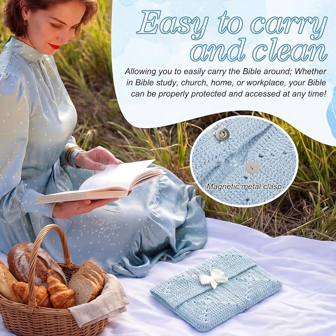 Maitys Crochet Bible Sleeve with Bow 11 x 9 Inch Handmade Blue Crochet Book Cover Protector with Magnetic Snap Washable Bible Bag Pouch Christian Gift for Women Book Lover Gifts