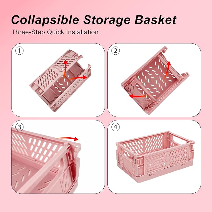 6 Pack Mini Foldable Small Plastic Baskets for Organizing and Storage，Collapsible Storage Crates,Mini Bins for Home Kitchen Bedroom Bathroom Office (Pink, Small 6x4x2.2)