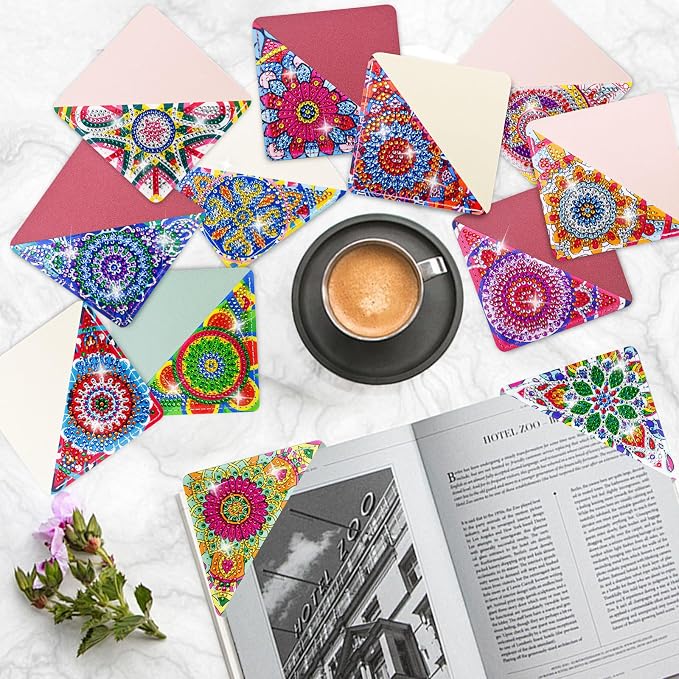 LINFANG 12 Pcs Corner Diamond Painting Bookmark, DIY Book Makers for Book Lovers, Diamond Art Beginners, Small Diamond Art Kits, Paint by Art Crafts Supplies Gift for Women Girls (Mandala)