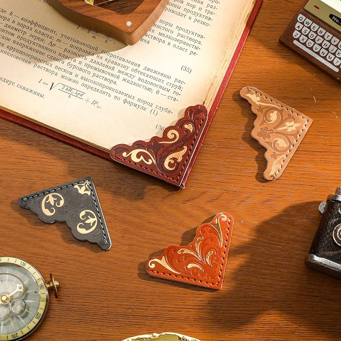 4 PCS Vintage Leather Bookmarks, Elegant Gold Stamped Corner Bookmark Retro Pattern Book Mark Book Accessories Gifts for Book Lovers Women Girls