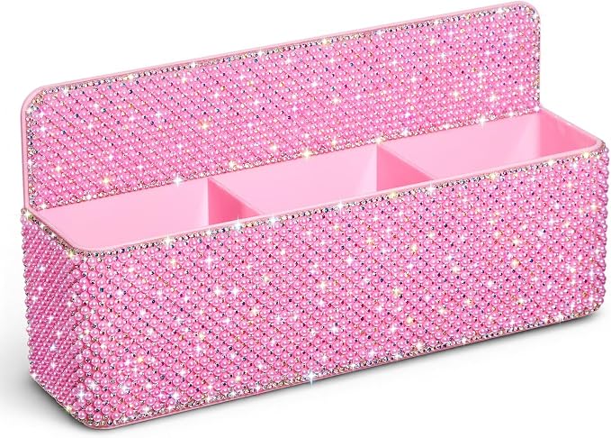 MotiMind Glitter Pink Locker Accessories for Girls, Bling Magnetic Pen Holder for Refrigerator, Back to School Rhinestone Marker Holder for Locker, Sparkly Gift for Student (Large,Pearl)