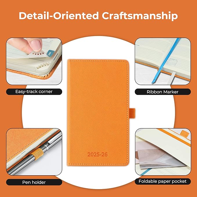 Weekly Monthly 2025-2026 Planner (July 25-Dec 26),6.5"x3.75",18 Months Agenda Plan with Month Tabs & Pocket,Expenses/Note Pages, Academic Calendar with Vegan Leather Cover,Orange