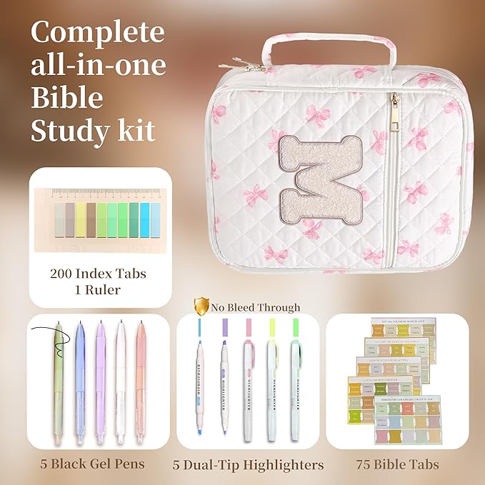 Personalized Initial Bible Cover Case for Women – Large Quilted Bible Bag with Handle, Chenille Letter, Bible Study Kit, Christian Gift for Mom, Grandma & Daughter (Pink Bow-M)