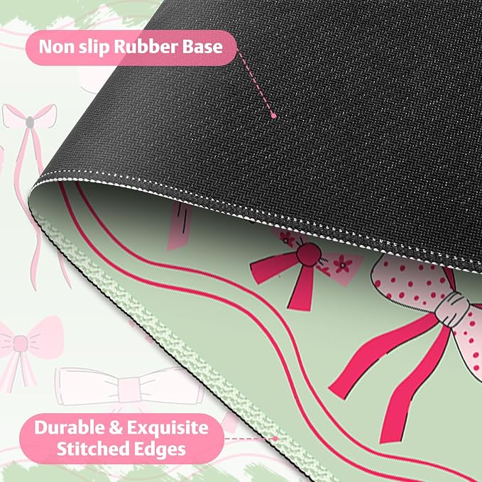 Desk Pad for Keyboard and Mouse, Large Mouse Pad for Desk, Non-Slip Keyboard Mat, Computer Mats for Desk, Desk Pad with Stitched Edges for Office, Gaming I Green Various Pink Bows