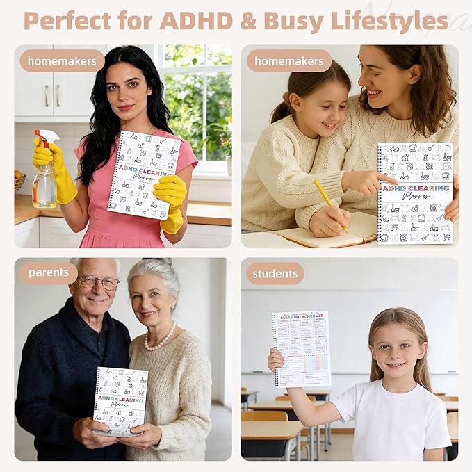 PGJ ADHD Cleaning Planner for Adults – Undated Daily, Weekly & Monthly Cleaning Schedule & Checklist – Household Chores Organizer Notebook for Home Management, Routine Tracking Family Cleaning Tasks
