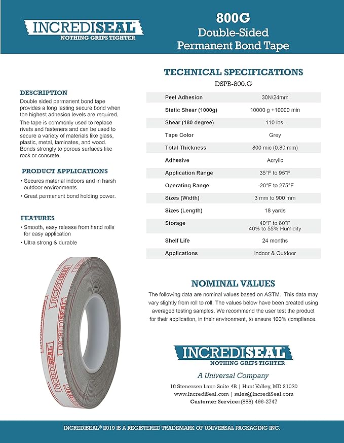 IncrediSeal 2" Heavy Duty Double Sided Permanent Bond Mounting Tape, Strong Adhesive for Indoor/Outdoor Use, Gray, 18 yd