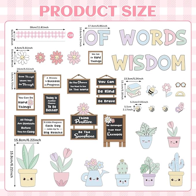 Spring Bookshelf Bulletin Board Set Pastel Motivational Words of Wisdom Classroom Decoration Inspirational Positive Potted Plant Flowers Cutouts for School Office Home Library Chalkboard Wall Decor