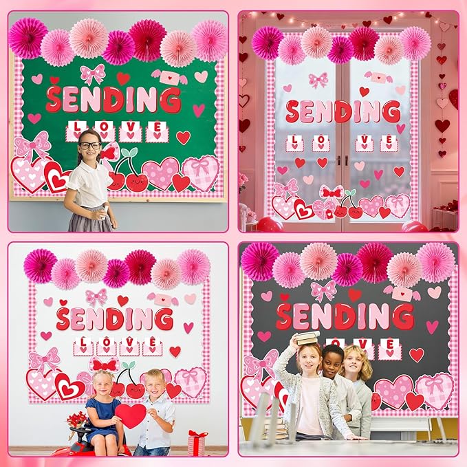 Valentine's Day Bulletin Board Decoration with 3D Paper Fans Valentines Party Classroom Bulletin Board Decorations Sending Love Heart Envelope Cutouts Red Pink Heart Cut Outs for School Home Wall Door