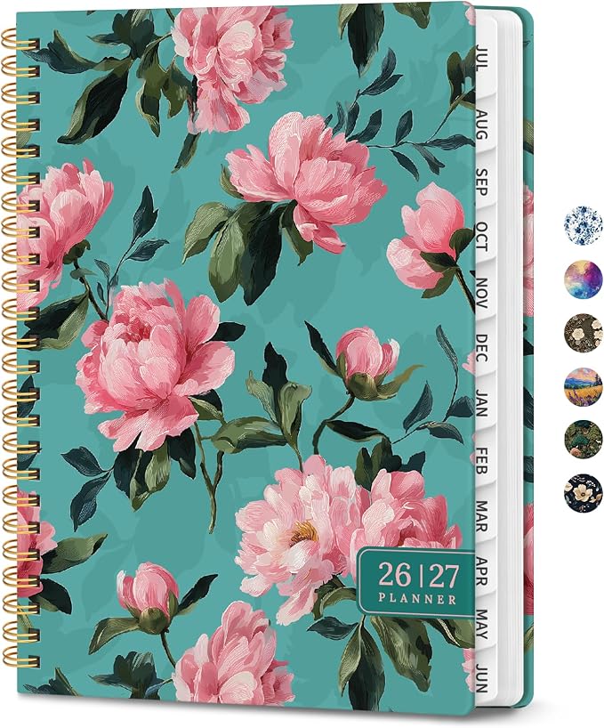 Planner 2026–2027, Academic Planner Weekly and Monthly Calendar Jul 2026 – Jun 2027 Hardcover Planner with Tabs and Pocket, Spiral Bound Agenda Book for Student & Teacher, 6.3" x 8.5", Teal Peonies