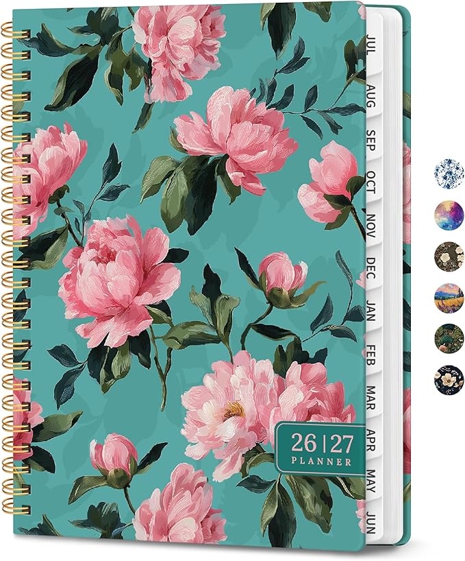 Planner 2026–2027, Academic Planner Weekly and Monthly Calendar Jul 2026 – Jun 2027 Hardcover Planner with Tabs and Pocket, Spiral Bound Agenda Book for Student & Teacher, 8.5" x 11", Teal Peonies