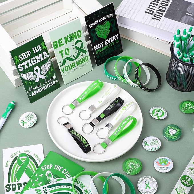 Aodaer 181 Pieces Mental Health Awareness Set Includes Silicone Bracelets, Badge Brooches, Green Ribbon Pens, Keychains, Mini Notebooks, Stickers, Mental Health Awareness Items for Adults Teens Gifts