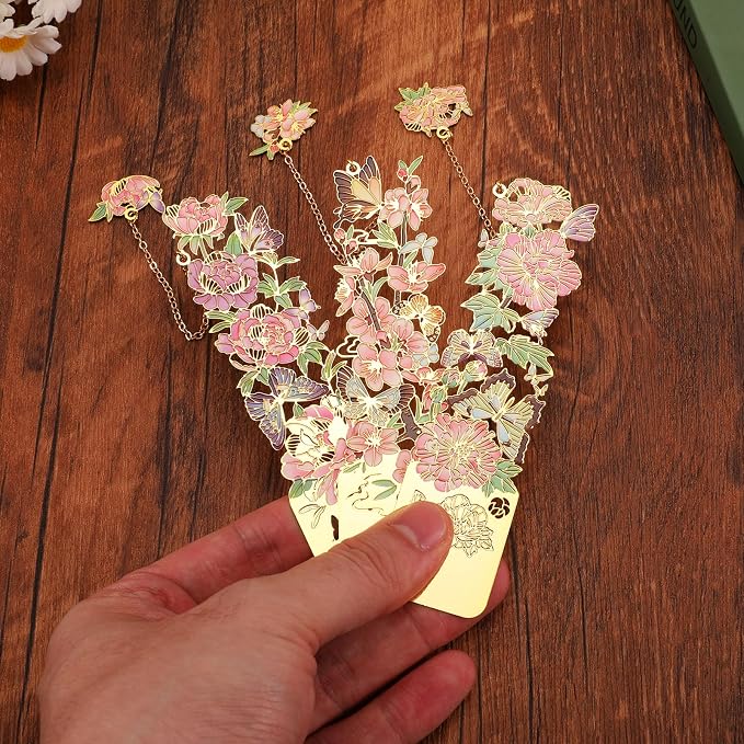 3 PCS Metal Bookmarks - Pretty & Beautiful Flower Bookmarks for Women - Peach Blossom, Cottonrose Hibiscus, Peony