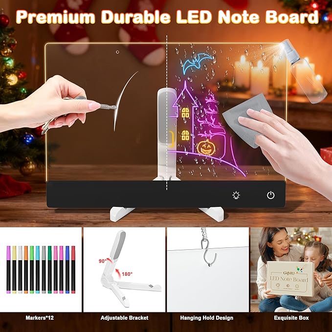 Rechargeable Lumi LED Drawing Board with 12 Markers,13.7"x10"LED Note Board Acrylic Dry Erase Board with 7 Colors Light, Doodle Glow Message Board for Halloween Christmas Birthday Gifts(Black)