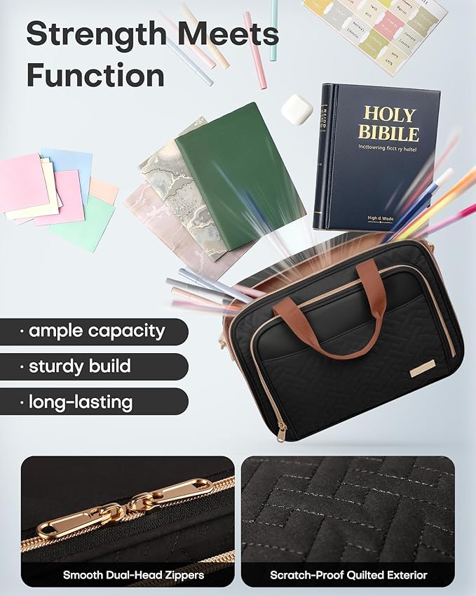 HOTOR Bible Cover - Multi-Pocket Bible Bag for Women Organizer with Bookmark, Portable Bible Case with Handles & Adjustable Shoulder Strap, Useful Gift for Work, Commute, 13.4'' x 4.7'' x 9.8'', Black