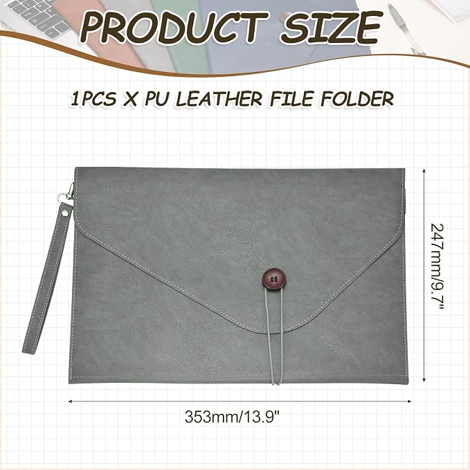 PATIKIL Leather Folder, 14x10 Leather Document Holder File Folder PU Pouch Bag Portfolio File Organizer Handbag Button Personal Envelope Waterproof for Traveling Men Gift, Gray