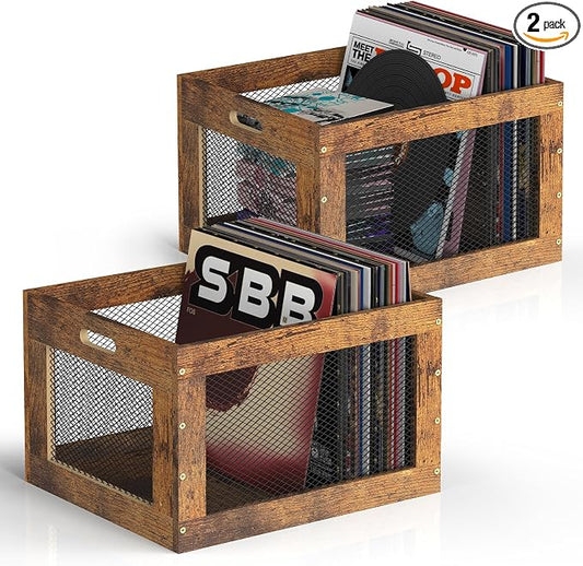 2 Pack Record Storage Box Stackable Vinyl Record Holder Large Capacity Record Crate for Albums, Books, Sheet Music, Rustic Brown