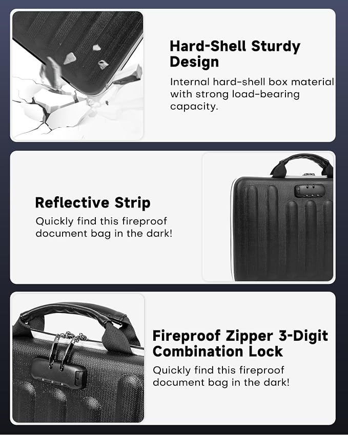 DOZAWA Fireproof Document Box, Hard Case Document Organizer with Lock, 13 Pockets Accordion File Folder with Reflective Strip, Waterproof Safe Box for Important Documents & Valuables Storage, Black