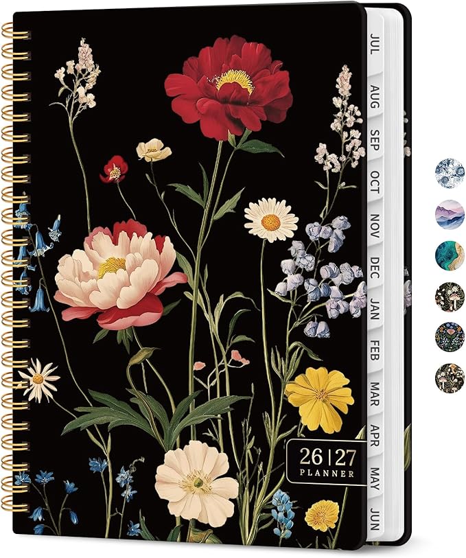 Planner 2026-2027, Academic Monthly and Weekly Calendar Planner for Women, July 2026 - June 2027, Hardcover Pretty Agenda Planner Book with Tabs, Spiral Daily Organizer for School Office Home Supplies, 8.5" x 11" - Peony Bloom