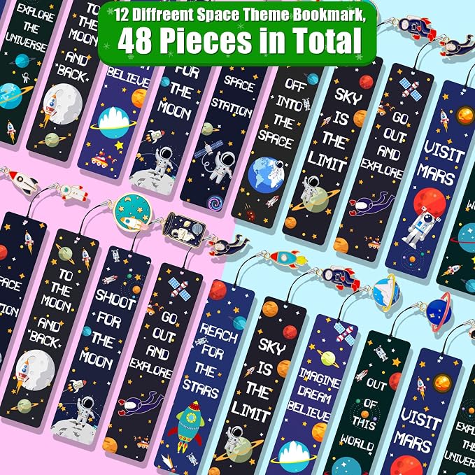 48 Pack Space Bookmarks Bulk for Kids, Outer Space Themed Party Favors, Astronaut Rocket Planet Galaxy Theme Birthday Party Favors, Bookmarks with Metal Charms for Boys Girls, Classroom Rewards Gifts