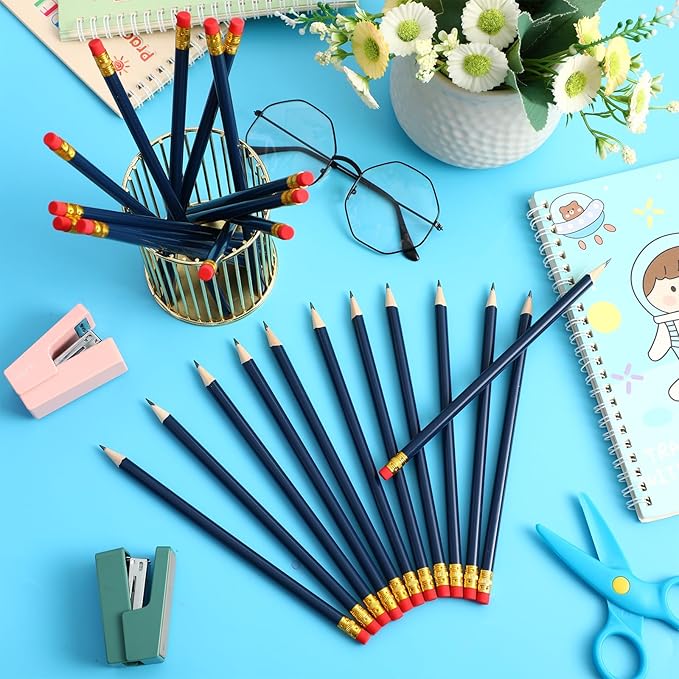 Outus 24 Pieces Round Pencils Cute HB Graphite Wood Pencils Pack with Eraser for School Drawing Sketching Wedding Office Supplies (Blue)