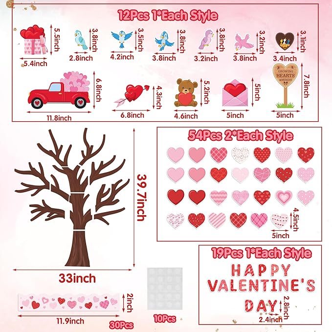136Pcs Valentine’s Day Tree Bulletin Board Classroom Decoration Set Heart Bulletin Board Name Tags Hearts Tree Cutouts Chalkboard Wall Decor for Elementary School Home Valentines Supplies