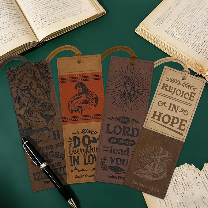 12PCS Leather Bookmark Bible Bookmarks for Reading Women Men Teacher Book Lovers Gifts, Stitched Religious Christian Bookmark Page Markers Inspirational Bible Verse Scripture Book Marks (Vintage-2)