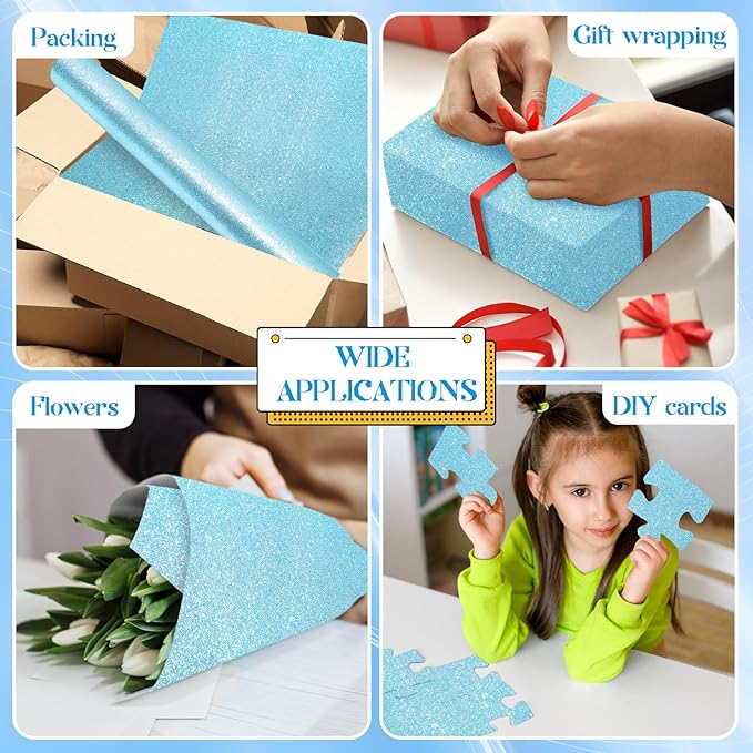 gisgfim 16" x20ft Glitter Bulletin Board Paper Roll Sparkle Color Bulletin Board Background Poster Paper Non Fading Gift Wrapping DIY Art Crafts for Office Classroom Decoration, Light Blue
